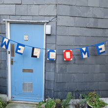 Load image into Gallery viewer, Nautical style bunting which spells out the word Welcome. Double-sided so shows the word welcome on one side and the signal flags that represent the letter on the other side. 272 cms in length.
