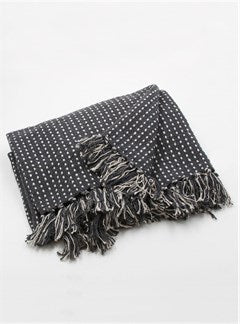 Dark grey throw with a white stitch pattern and tassels at each end. The throw is 80% cotton and 20% polyester. Washable and sized at 120 x 150cms.
