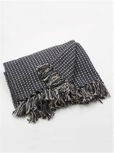 Load image into Gallery viewer, Dark grey throw with a white stitch pattern and tassels at each end. The throw is 80% cotton and 20% polyester. Washable and sized at 120 x 150cms.
