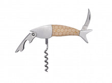 Load image into Gallery viewer, The Fish Bottle Opener with all of the attachments shown open. This includes a bottle opener, a corkscrew and a small knife.
