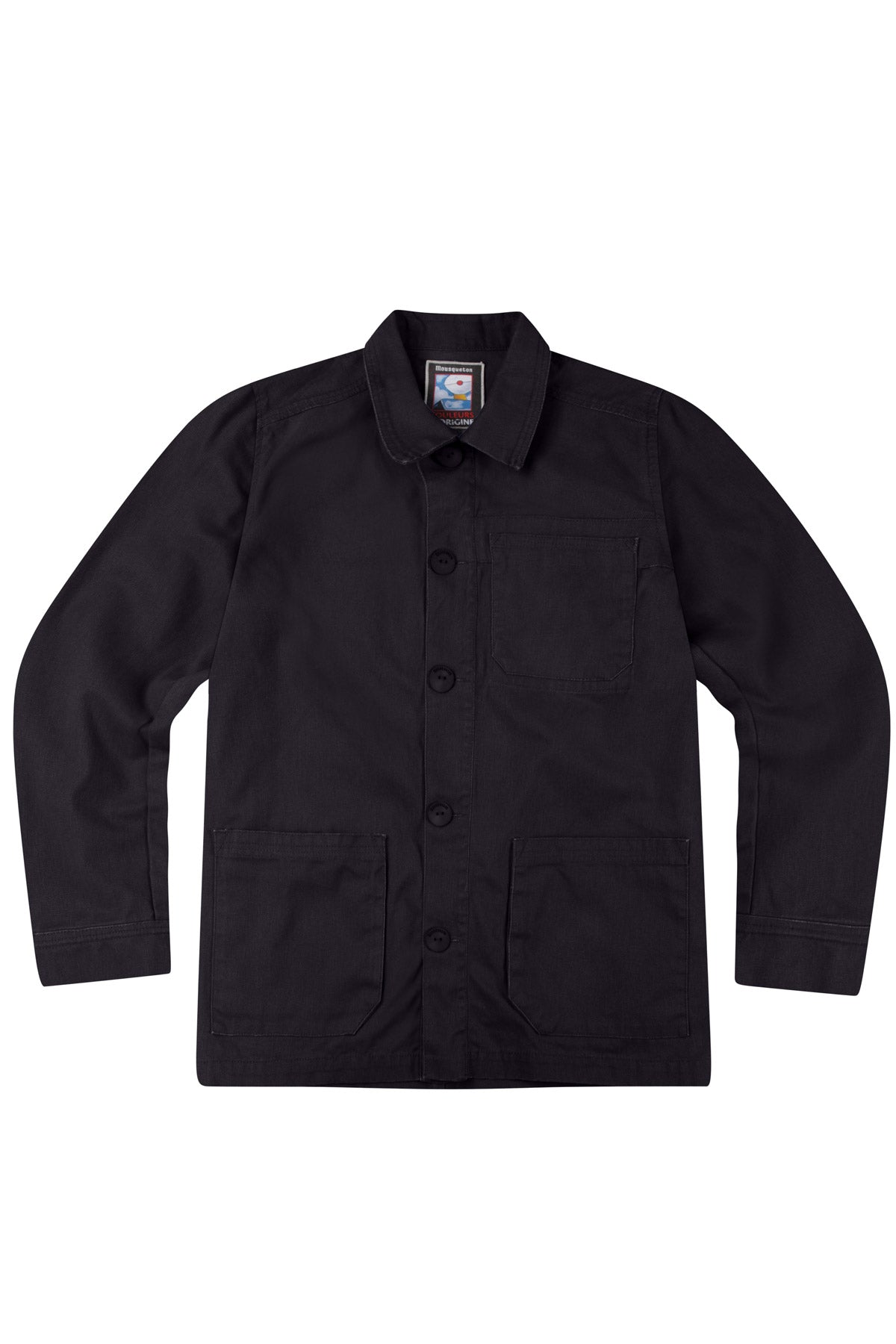 The Mousqueton Hiliz French Workwear jacket. A classic style in dark navy, based upon a straight cut, button-through with two large patch pockets and a small collar.