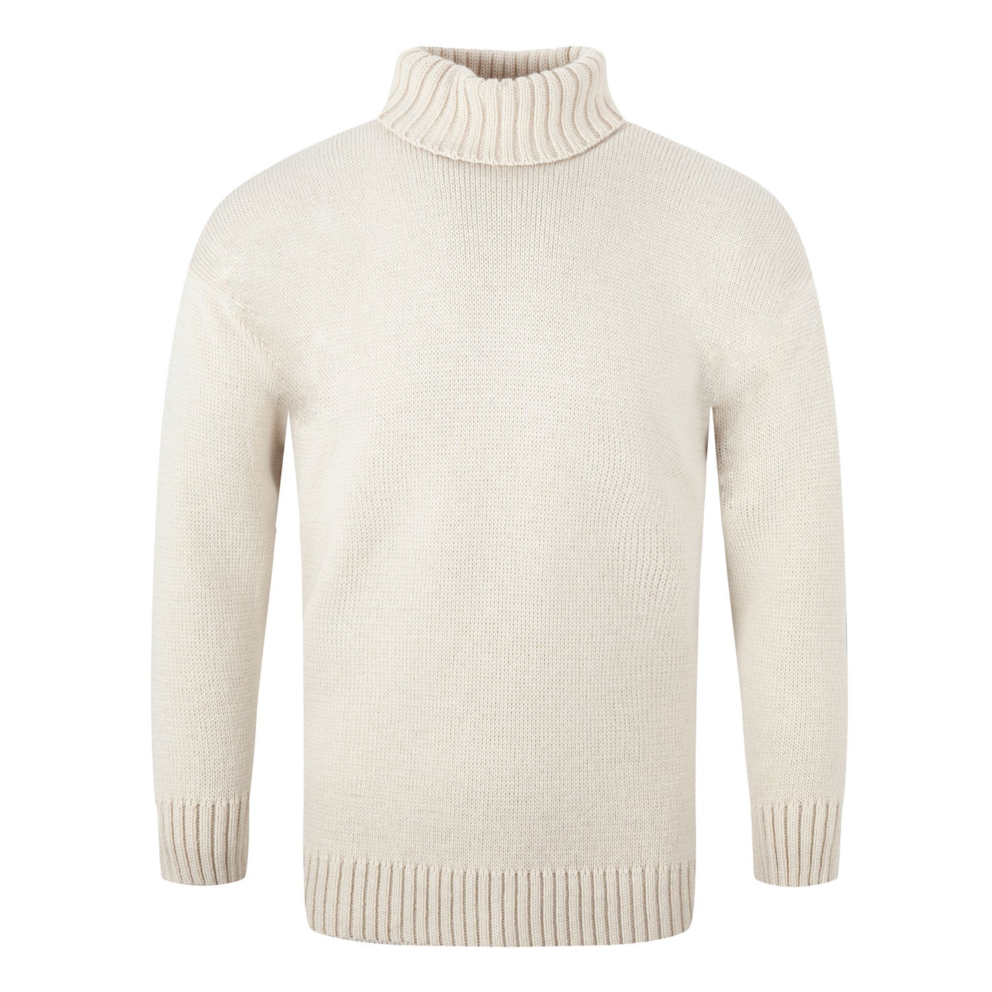 Submariner style jumper in 100% merino wool. Colour shown is ecru or cream. Plain knit with a rollneck collar and ribbed cuffs and hem.