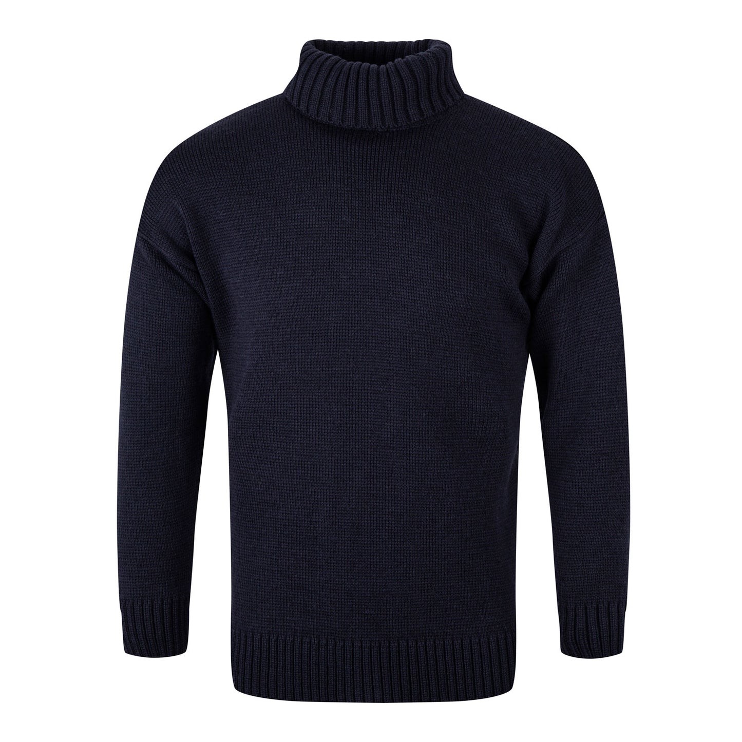 Submariner style jumper in 100% merino wool. Colour shown is navy. Plain knit with a rollneck collar and ribbed cuffs and hem.