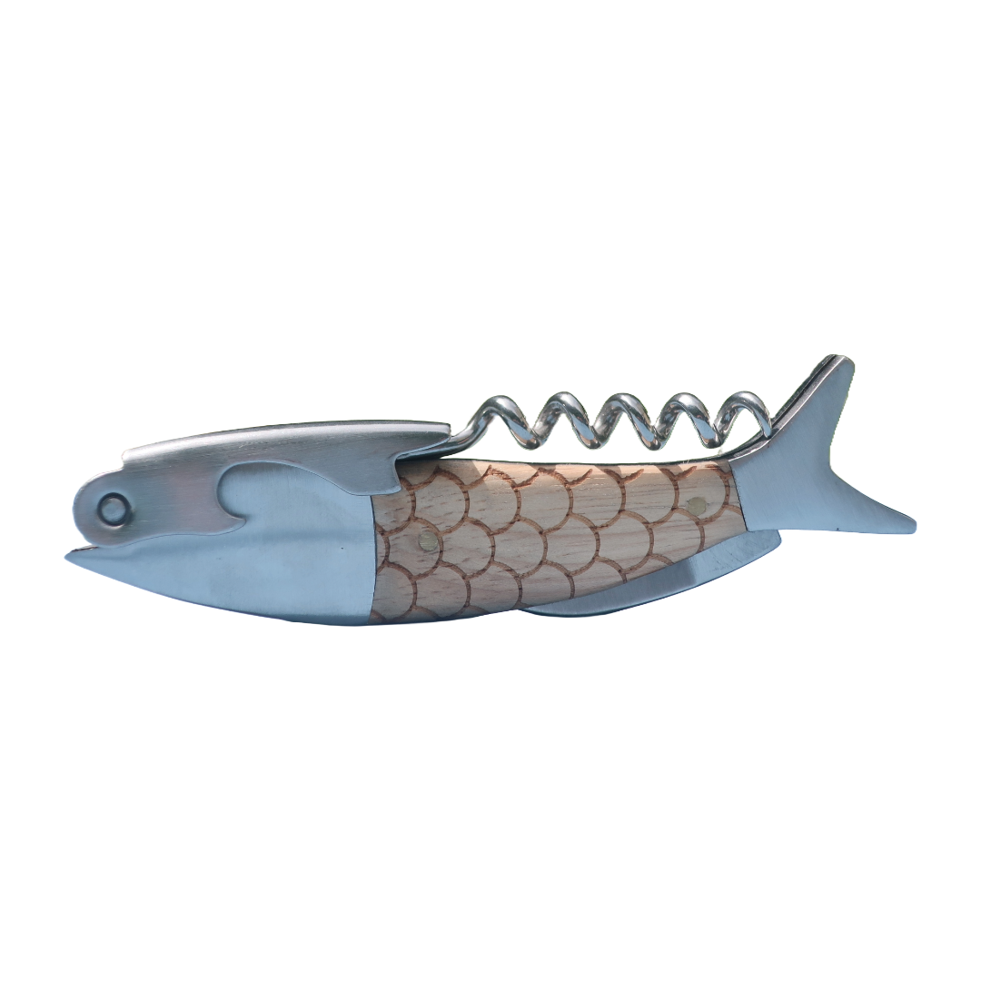 Image of the fish bottle opener without packaging. The bottle opener is in the shape of a fish and includes a bottle opener, a corkscrew and a small knife. One of our most popular gifts.