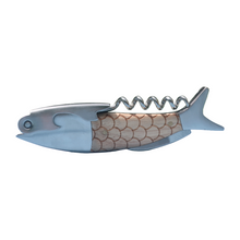 Load image into Gallery viewer, Image of the fish bottle opener without packaging. The bottle opener is in the shape of a fish and includes a bottle opener, a corkscrew and a small knife. One of our most popular gifts.
