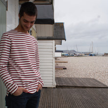 Load image into Gallery viewer, Classic Breton striped top in cream and dark burgundy red. Unisex design and manufactured from 100% 285gms cotton.
