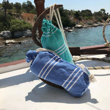 Load image into Gallery viewer, Traditional Turkish cotton Hamam Towels in matching carry bag. Colours are Caribbean and Cornflower Blue.
