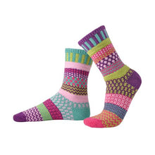 Load image into Gallery viewer, Solmate socks are warm, comfortable, mainly cotton socks. This colour is Dahlia which is mainly purple, jade and pink colours.

