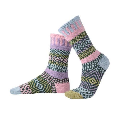 Solmate socks are warm comfy socks made from mainly recycled cotton textiles. This colour is called Lilac and is a mix of pale tones of pink, light blue and green.