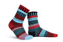 Load image into Gallery viewer, Solmate socks made from mainly recycled cotton textiles. This colour is called Mars and is red and turquoise based.
