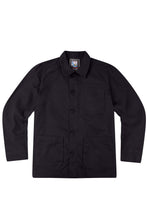 Load image into Gallery viewer, The Mousqueton Hiliz French Workwear jacket. A classic style in dark navy, based upon a straight cut, button-through with two large patch pockets and a small collar.
