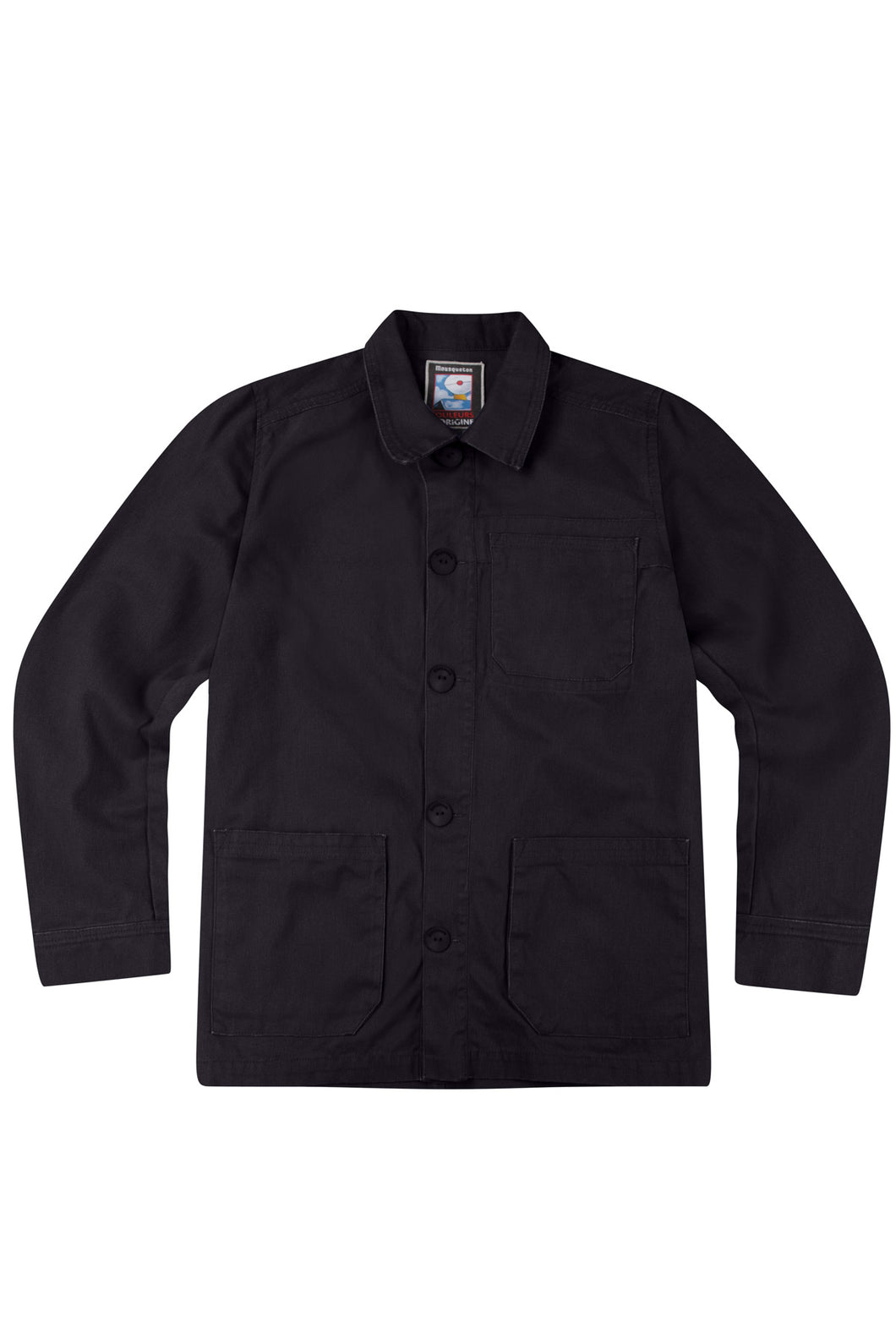 The Mousqueton Hiliz French Workwear jacket. A classic style in dark navy, based upon a straight cut, button-through with two large patch pockets and a small collar.