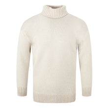 Load image into Gallery viewer, Submariner style jumper in 100% merino wool. Colour shown is ecru or cream. Plain knit with a rollneck collar and ribbed cuffs and hem.
