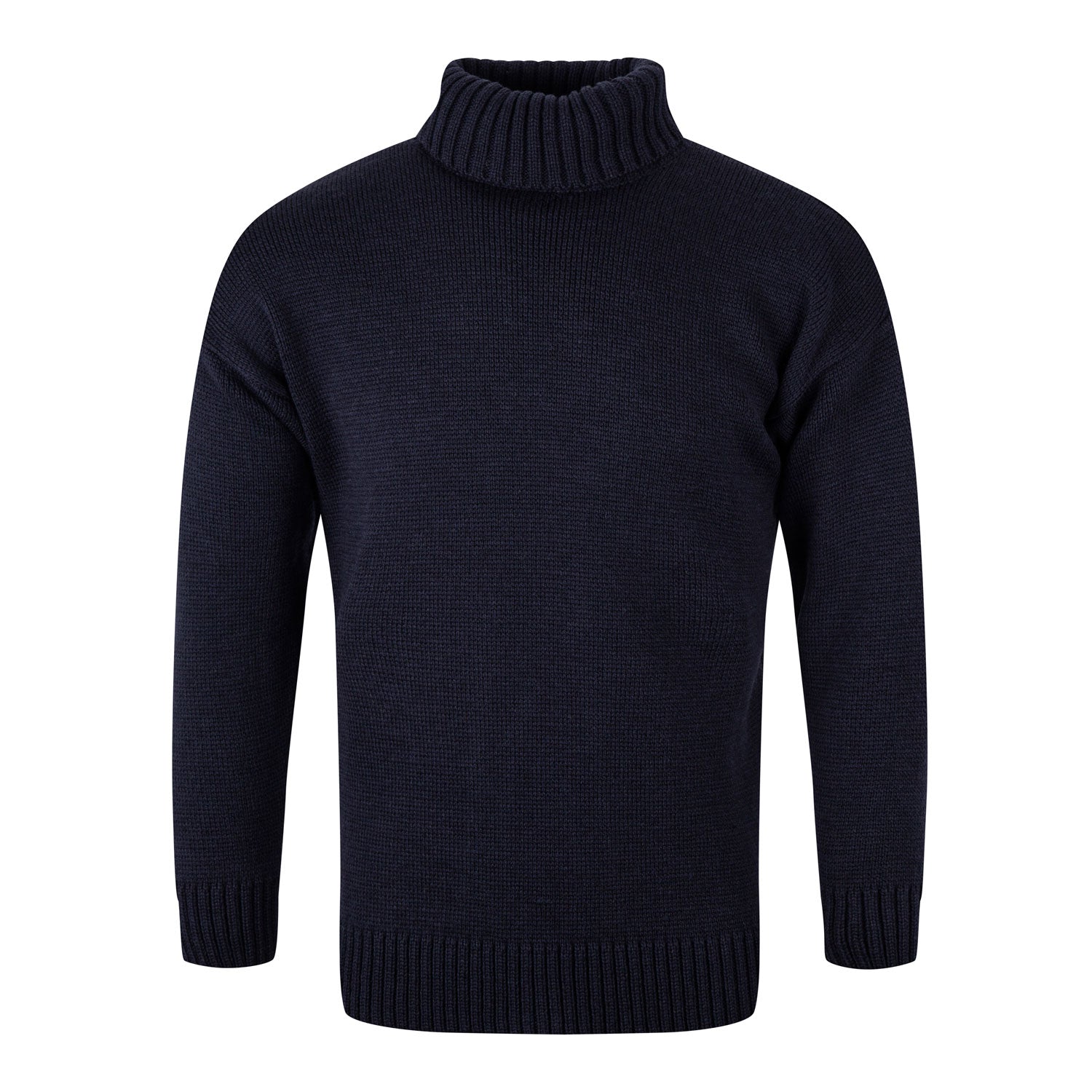 Submariner style jumper in 100% merino wool. Colour shown is navy. Plain knit with a rollneck collar and ribbed cuffs and hem.