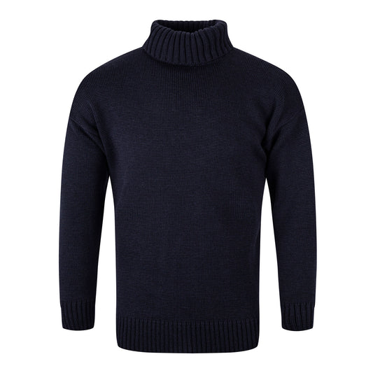 Submariner style jumper in 100% merino wool. Colour shown is navy. Plain knit with a rollneck collar and ribbed cuffs and hem.