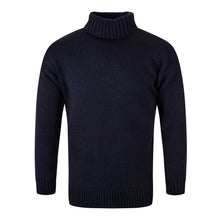 Load image into Gallery viewer, Submariner style jumper in 100% merino wool. Colour shown is navy. Plain knit with a rollneck collar and ribbed cuffs and hem.
