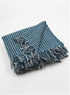 Lovely teal throw with a white stitch pattern and tassels at each end. The throw is 80% cotton and 20% polyester. Washable and sized at 120 x 150cms.