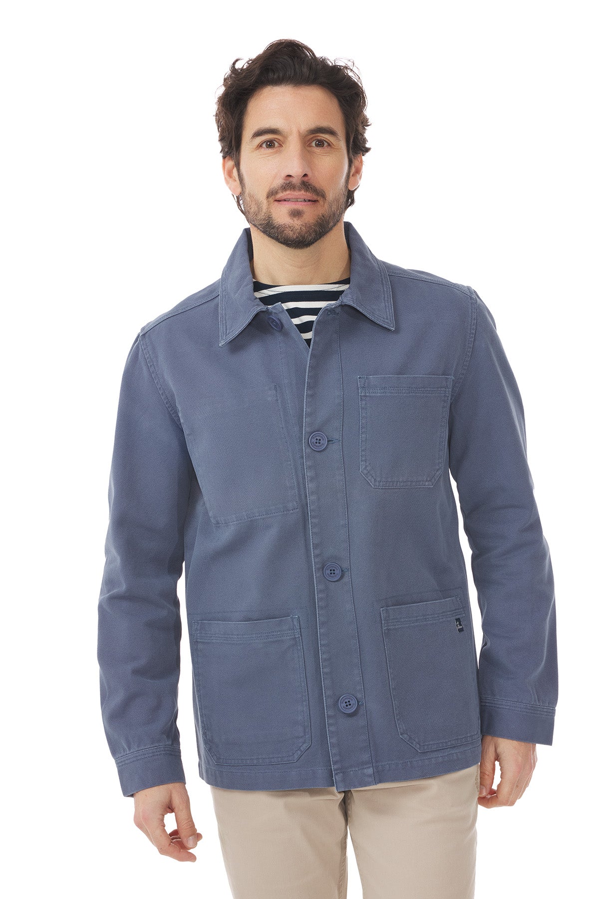 Image showing the Mousqueton Men's Hizilig jacket in Chardon, a lighter petrol blue colour. The Hizilig is a workwear style jacket.