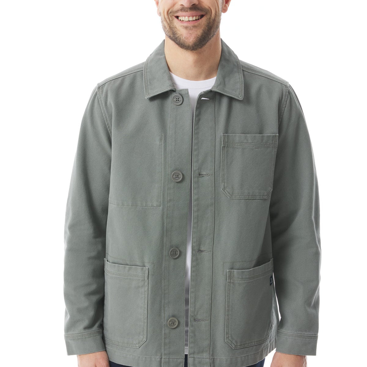 Image showing the Mousqueton Men's Hizilig jacket in Oyat, a light grey green colour. The Hizilig is a workwear style jacket.