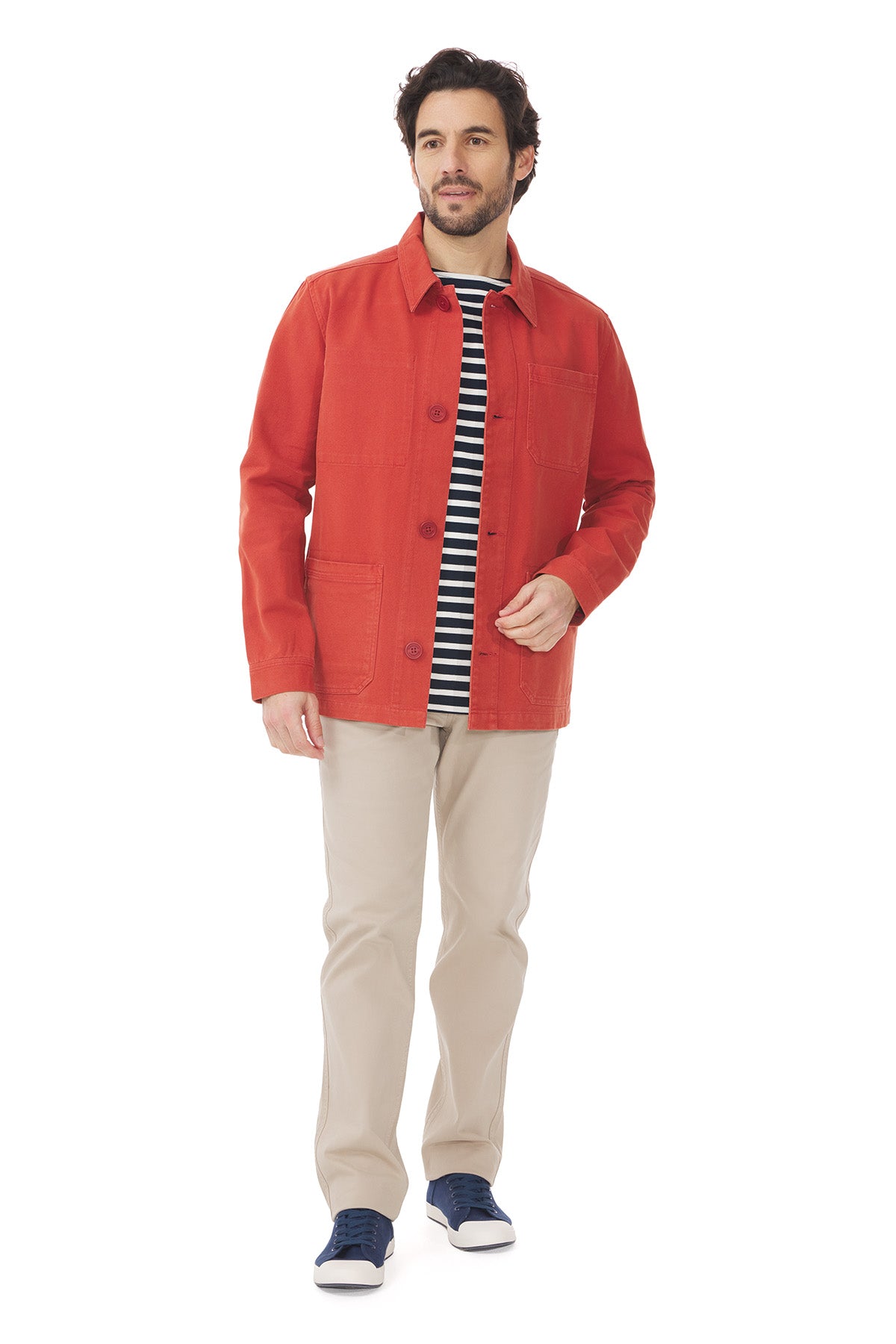 Image showing the Mousqueton Men's Hizilig jacket in Tuile, a burnt orange colour. The Hizilig is a workwear style jacket.