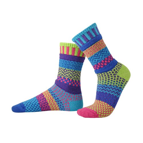 Solmate socks in the colour called Bluebell. A bright mix of lime, turquoise, blue and pink.